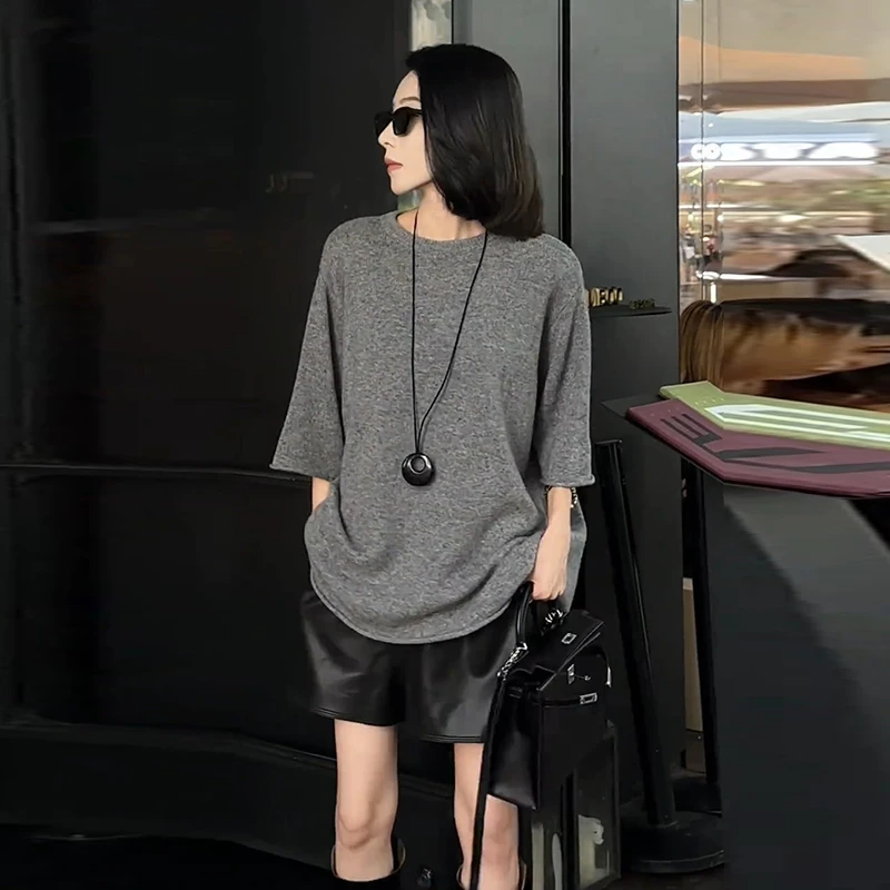 韩系圆领五分袖针织衫女装2026夏季新款休闲毛衣宽松显瘦半袖上衣