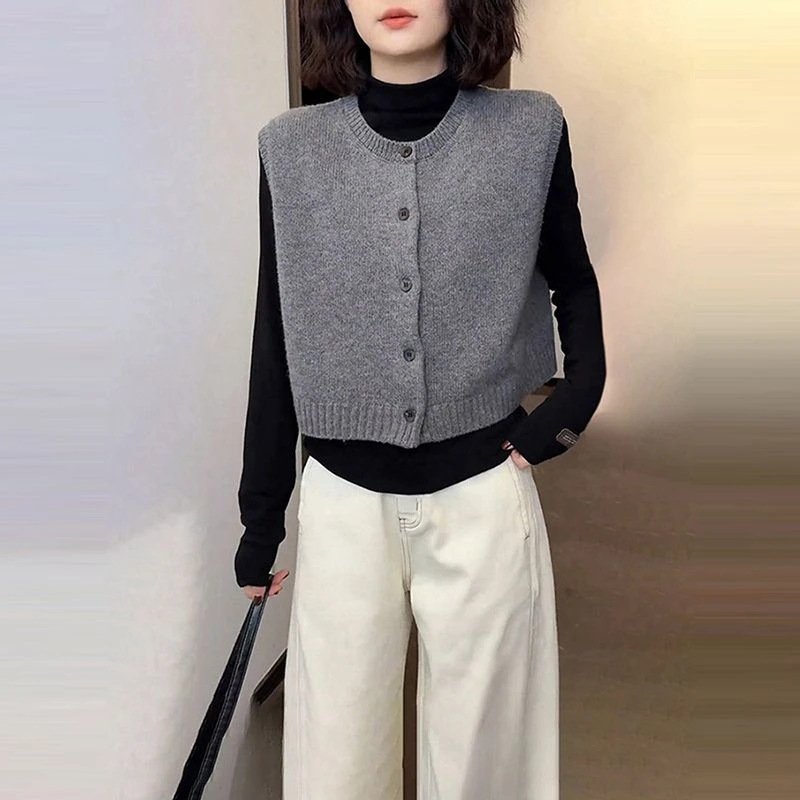 韩系冬装女2025年新款时尚套装针织马甲开衫纯色打底衫上衣两件套