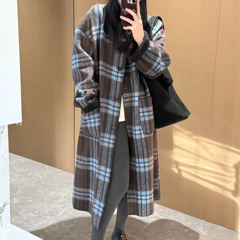 【何婧婧专属】加厚双面穿大衣秋冬季新款长款外套宽松毛呢子格子