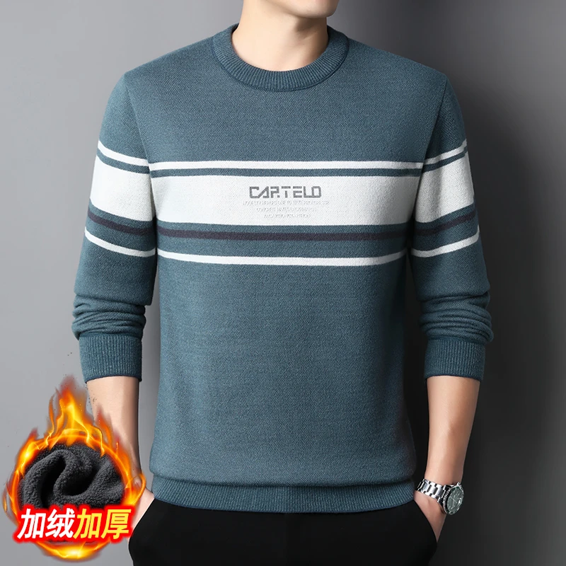 2024新款时尚针织毛衣男士长袖休闲条纹加厚保暖圆领秋冬潮流加绒
