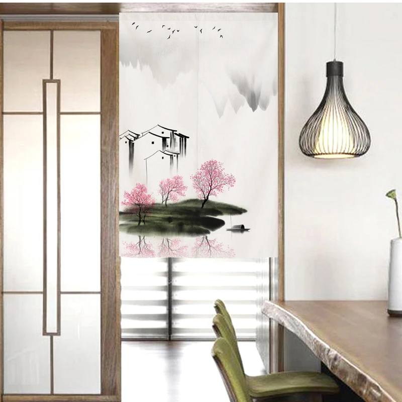 山水画门帘中国风水墨隔断帘客厅卫生间书柜布艺挂帘玄关风景半帘