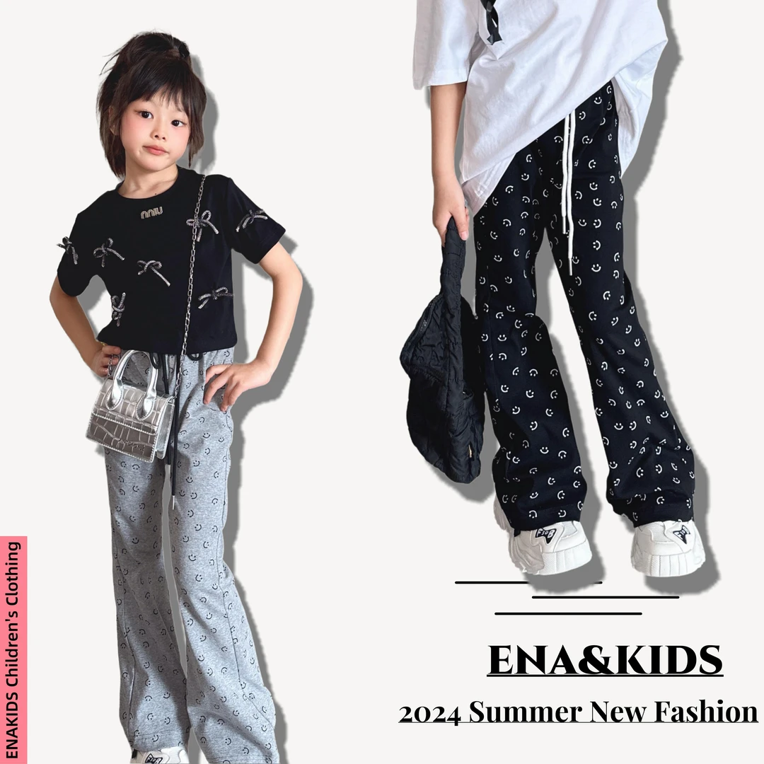 恩娜kids现货【奥利周末】女童春夏韩版笑脸微喇长裤儿童高腰休闲裤