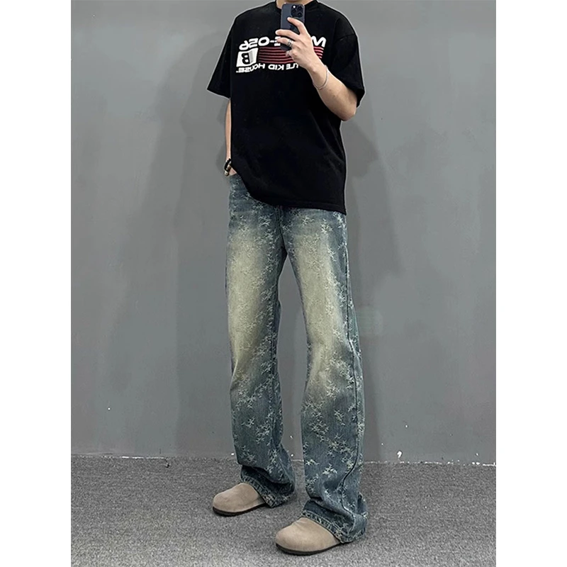 美式复古提花牛仔裤男生设计感显瘦水洗直筒裤子痞帅高街微喇裤潮