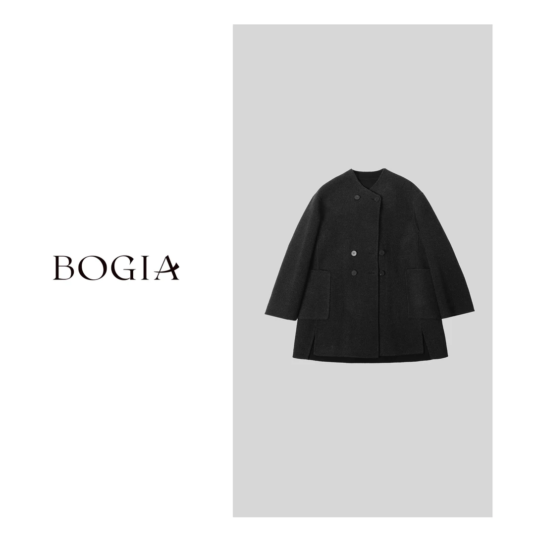 包迦【奢毛大衣】冬季复古宽松休闲毛呢时尚黑色厚大衣YLW8425556