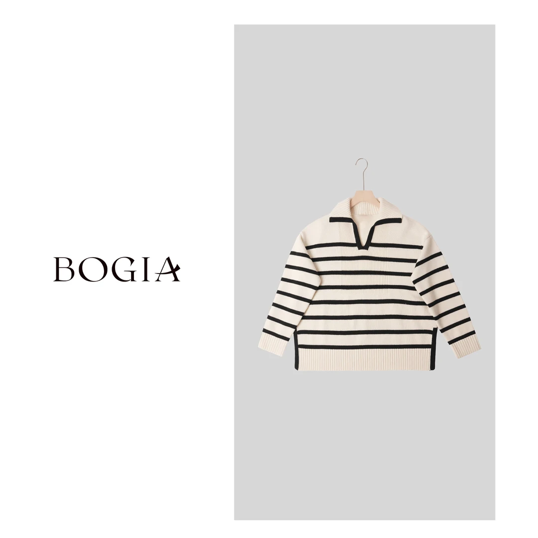 包迦【简单爱】长袖针织衫时尚休闲条纹宽松套头撞色秋季YLZ8415520