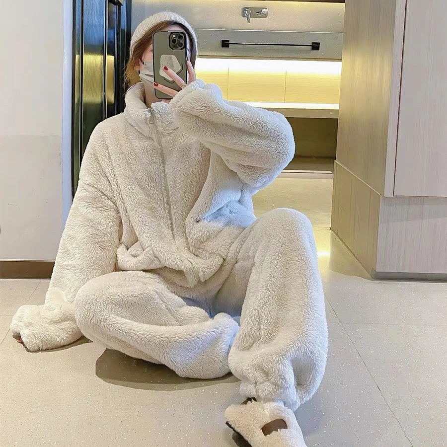 【雪绒绒~】双面绒北极情侣睡衣 韩版男女同款休闲简约可外穿家居服