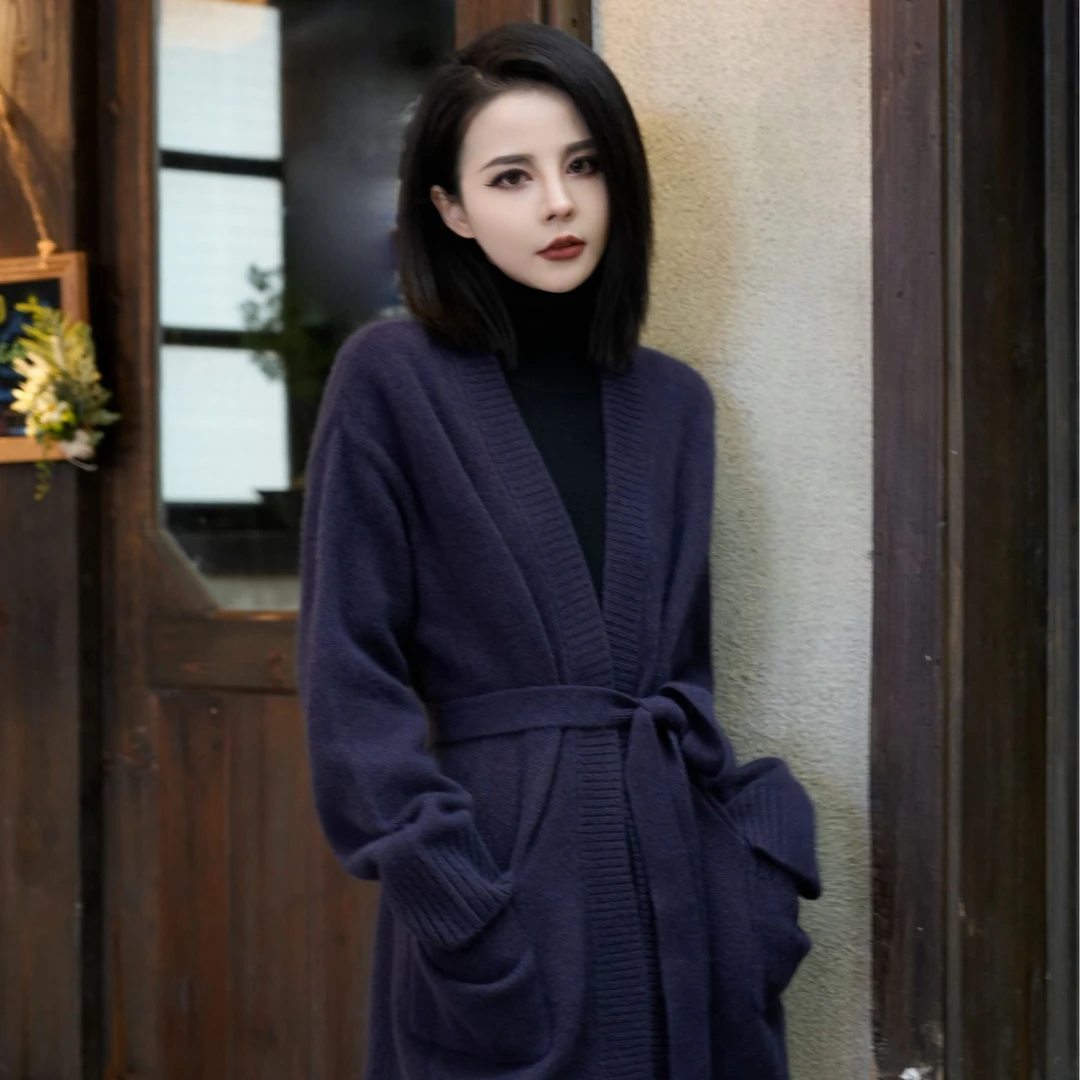 POPULARYW【紫苜蓿】Z·R上品屋  慵懒简约带腰带针织开衫冬季外套