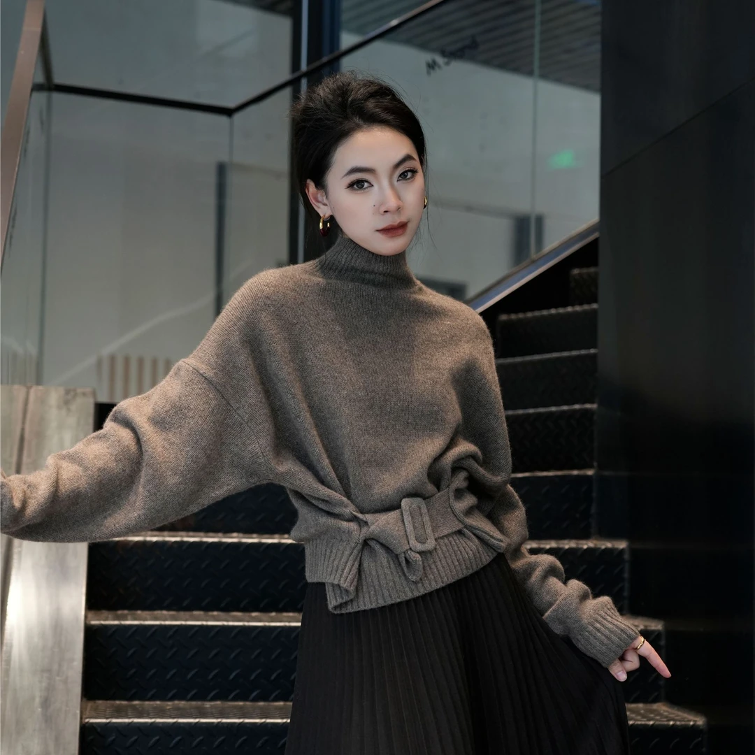POPULARYW【天净沙】Z·R上品屋 立领牦牛绒绑带收腰针织衫