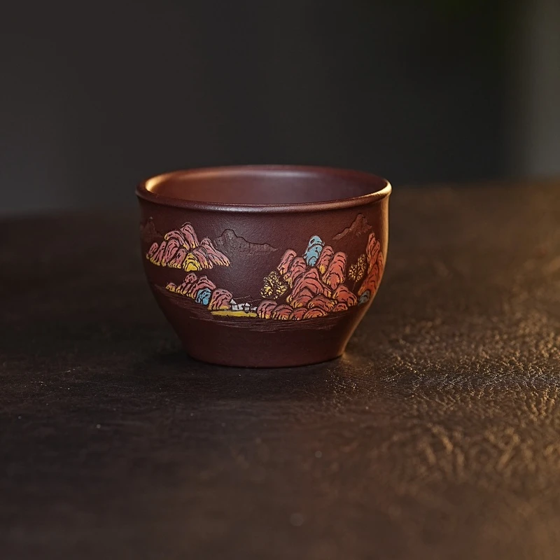 宜兴紫砂茶具 原矿石红泥料手绘山水江山多娇主人杯品茗杯 A1097