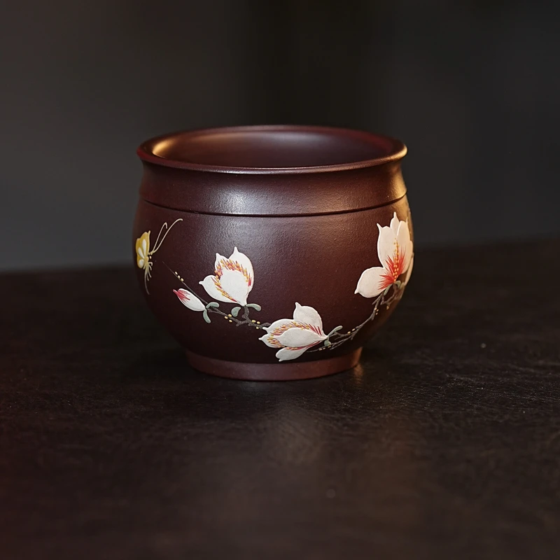 宜兴紫砂茶具 原矿石红泥料堆绘玉兰花蝶恋花主人杯品茗杯