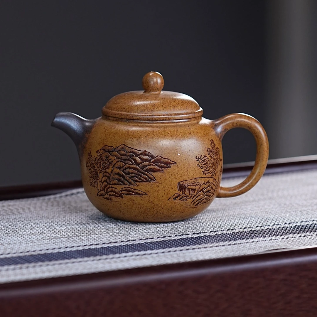 宜兴紫砂茶具 原矿段泥泥料柴烧刻绘惠风和畅匏樽紫砂壶 A820