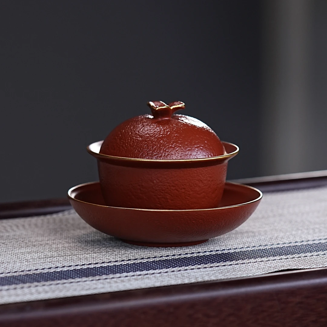 宜兴原矿大红袍手工橘子紫砂盖碗 A319