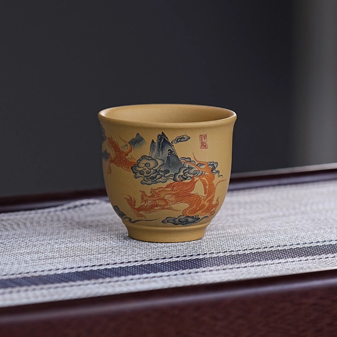 宜兴原矿冷黄金段手工卡金祥龙紫砂主人杯 A194