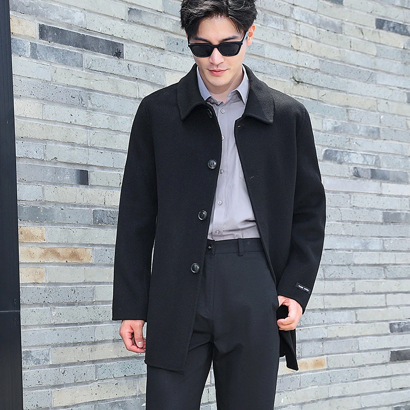 105秋冬男士100羊毛双面呢子外套方领中长款中山翻领羊毛大衣男