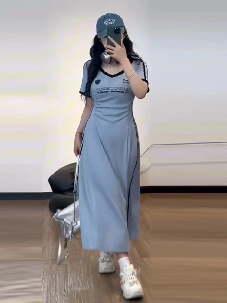 微胖大码2024夏季新款美式辣妹风复古印花V领连衣裙短袖收腰修身