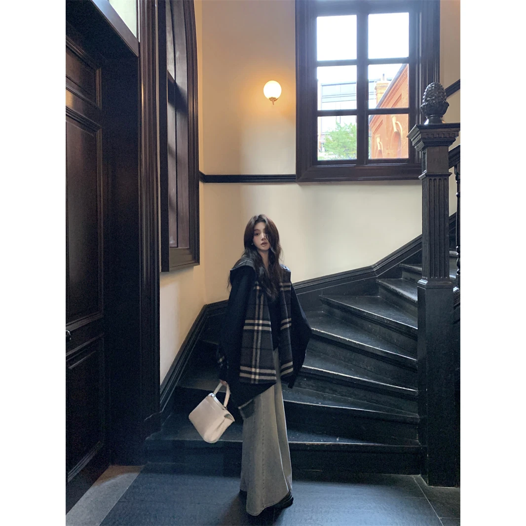 冬季新款毛呢外套女装德鲁纳少女两穿氛围感格纹连帽斗篷呢子大衣