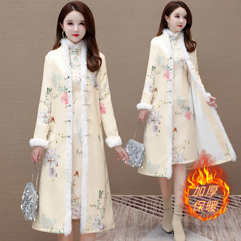 中式国风旗袍式羽绒服外套女冬季2023新款加绒加厚妈妈高贵长款套