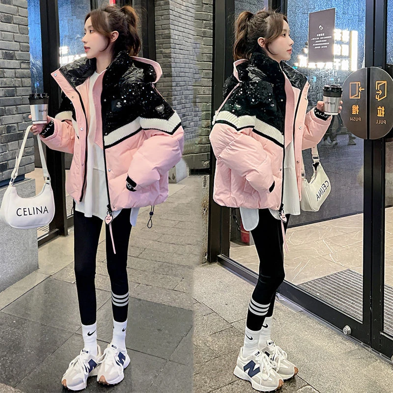 欧货粉色拼接亮片短款羽绒羽绒服2023年冬季新款时尚爆款小个子外