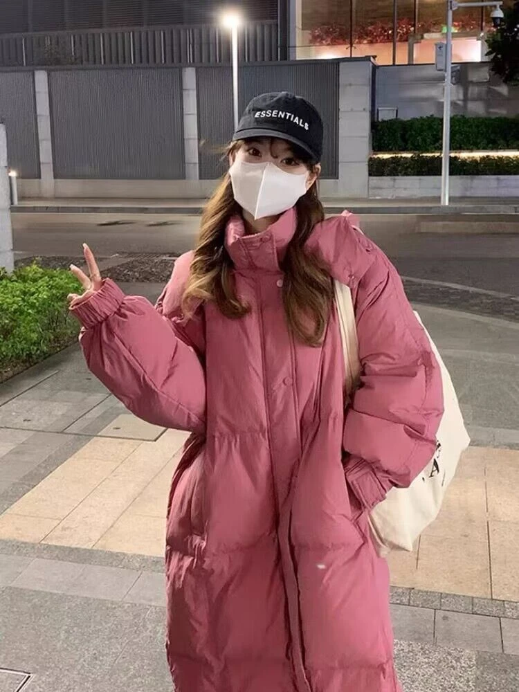 2023新款中长款加厚连帽泡芙羽绒羽绒服女韩系过膝树莓粉面包服女