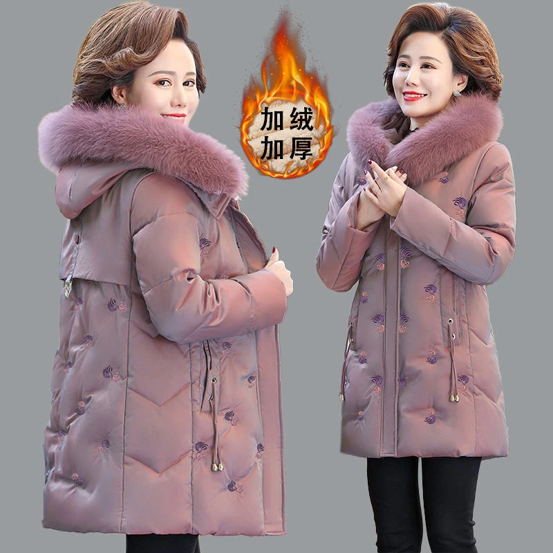 中年妈妈装冬装中长款加绒加厚羽绒羽绒服大码女羽绒服中老年洋气