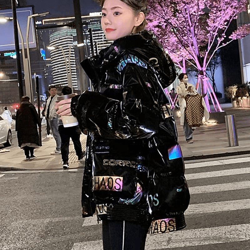 炫彩免洗亮面羽绒服女中长款2023冬季新款韩版宽松羽绒服洋气女士