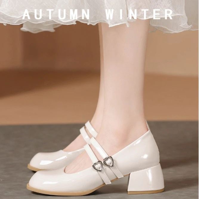 真皮玛丽珍鞋女双搭扣2023年新款晚晚风浅口粗跟法式气质圆头单鞋