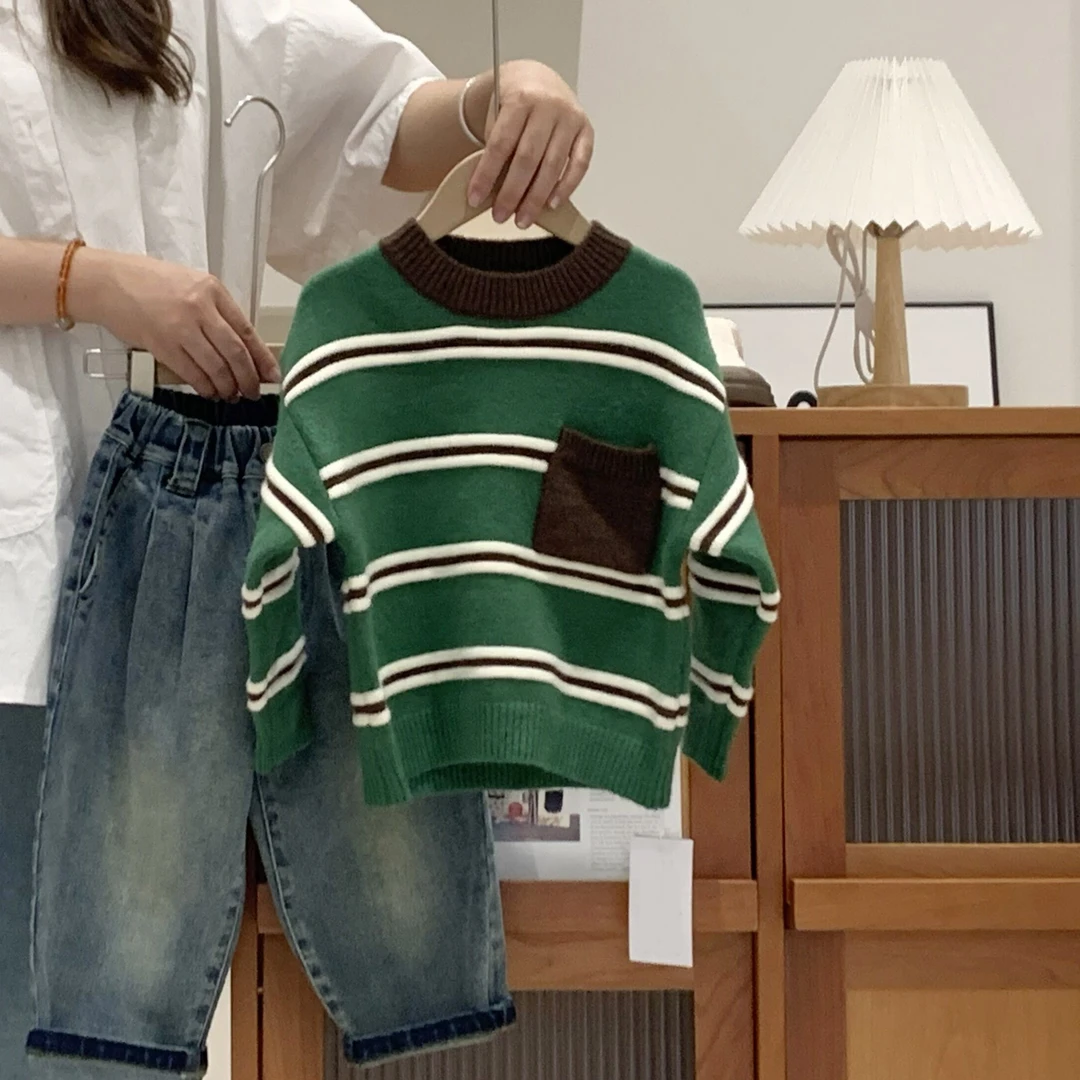 【2023秋】儿童秋季撞色条纹复古圆领毛衣91794