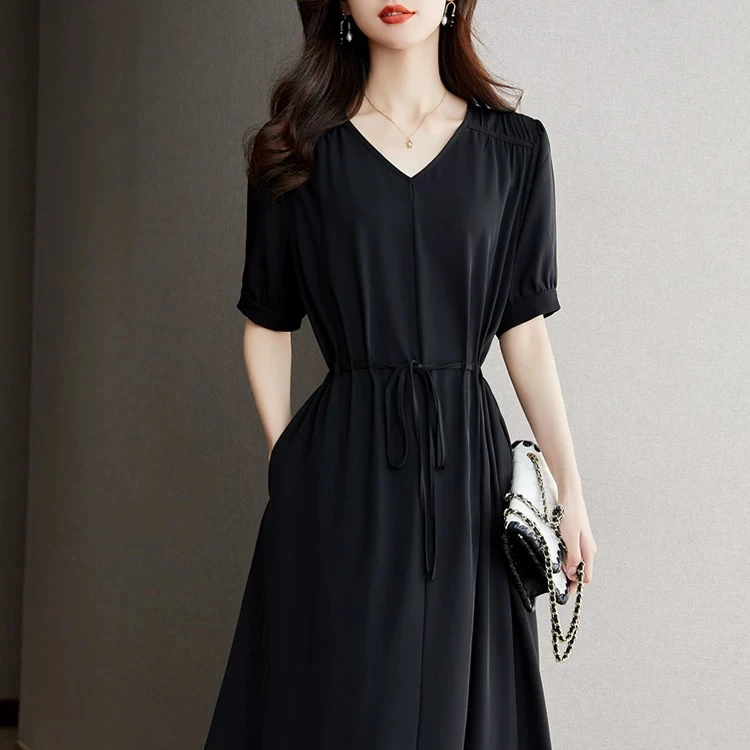 4823 【粉丝专享】春夏时尚收腰V领遮肚子收腰显瘦连衣裙