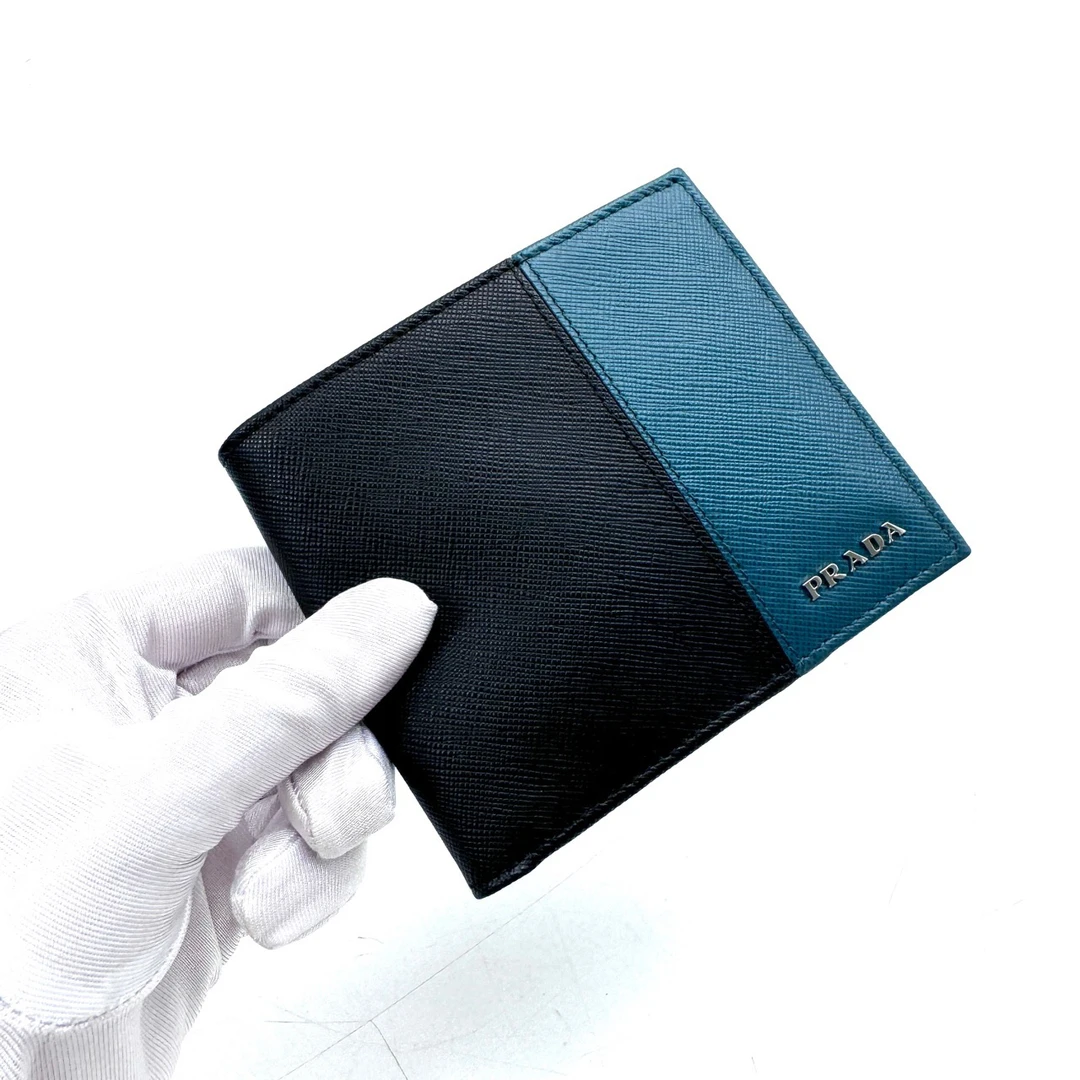 99新 Prada/普拉达 全皮拼色短款对折钱包 尺寸11/10