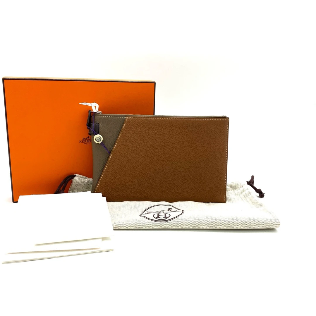 95新 Hermes/爱马仕 全皮拼色手拿包 尺寸24/15