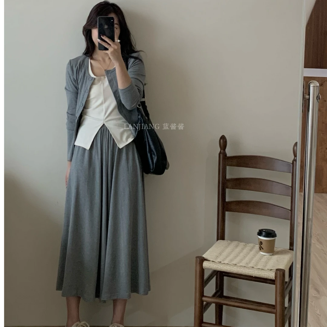 LANJIANG蓝酱酱 慵懒制片人开衫显瘦半身裙 三件套