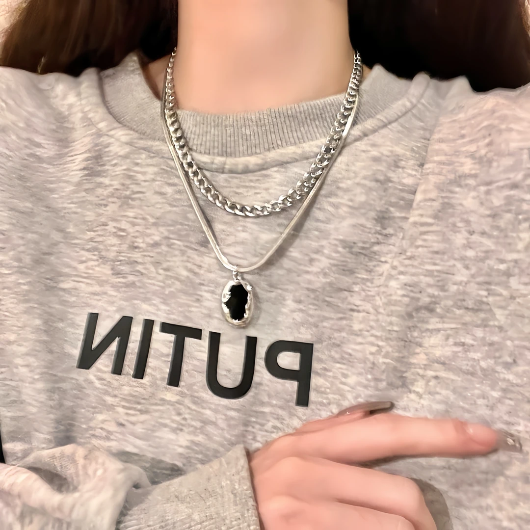 钛钢项链 0077经典双链原宿黑牌蛇骨项链叠戴轻奢百搭项链