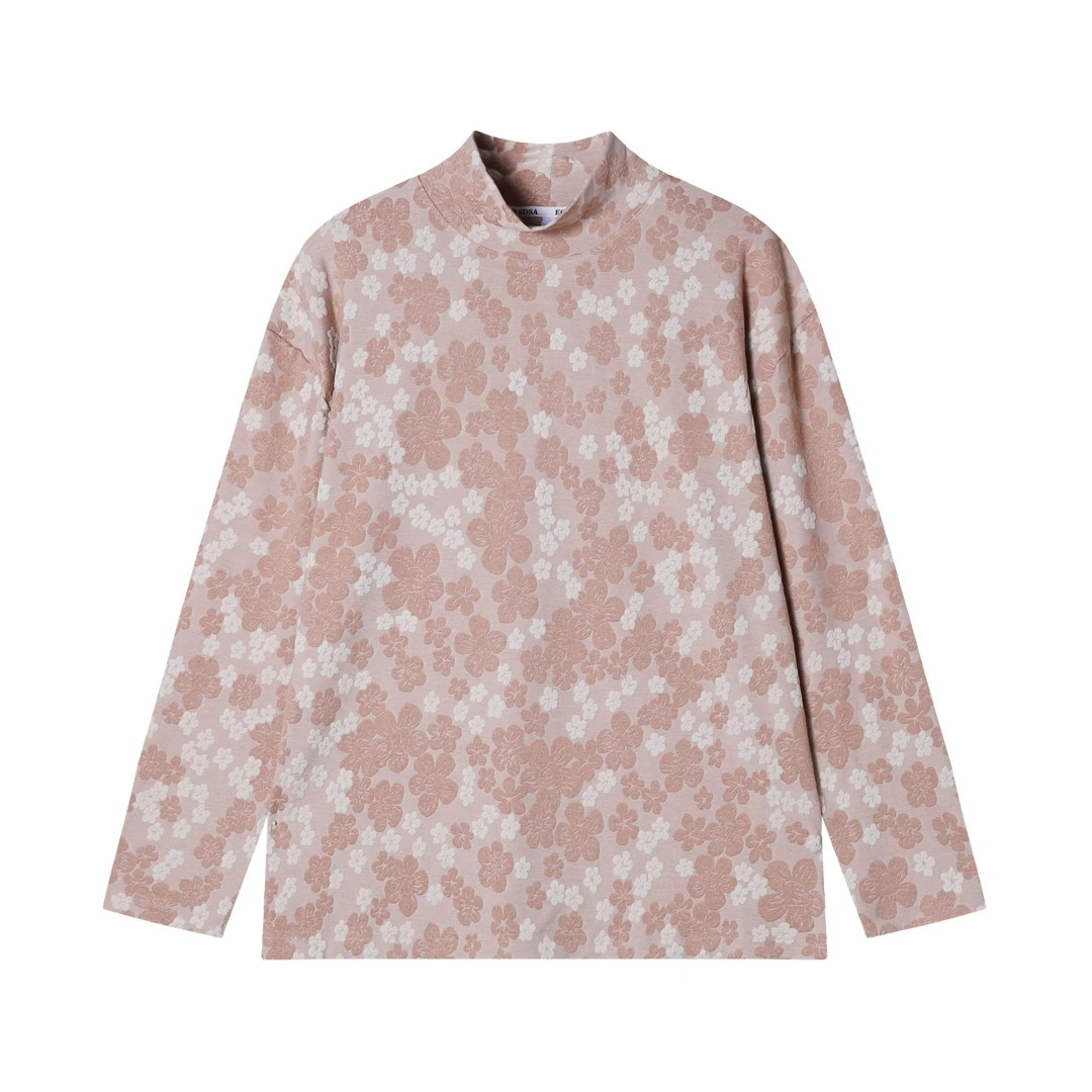 秋冬季新款美式个性满印花朵撞色半高领卫衣时尚百搭舒适长袖