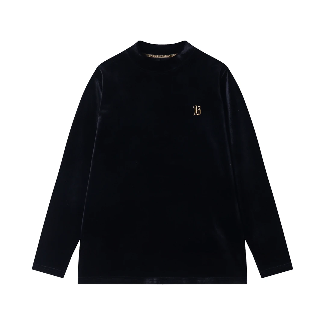 秋冬季新款时尚个性美式纯色绒面刺绣圆领长袖T恤百搭高级感上衣