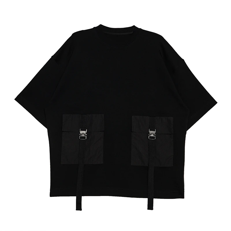 WZ39春夏新款纯色短袖飘绳口袋设计日常休闲宽松潮流百搭T恤
