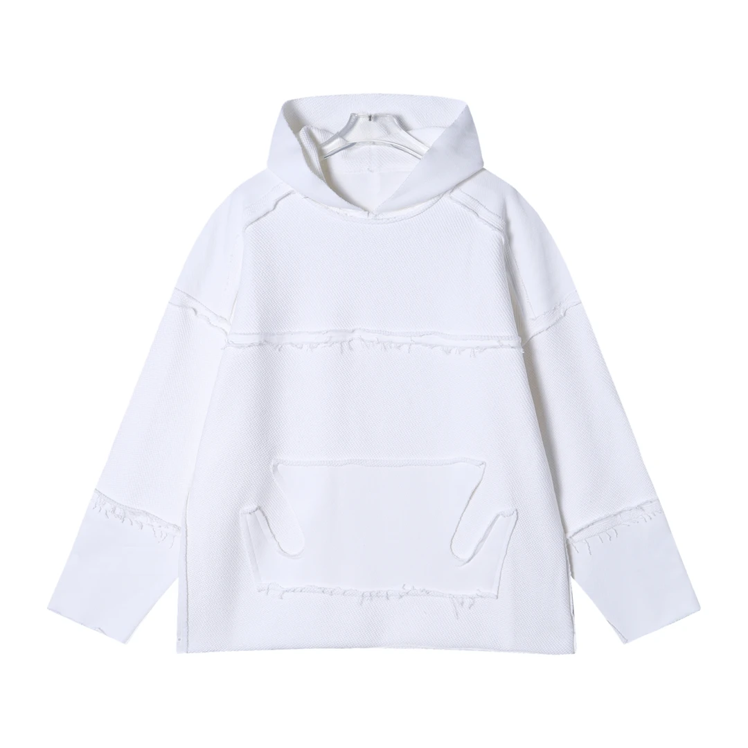 秋冬季新款时尚简约破洞拼接纯色连帽卫衣百搭宽松潮流长袖