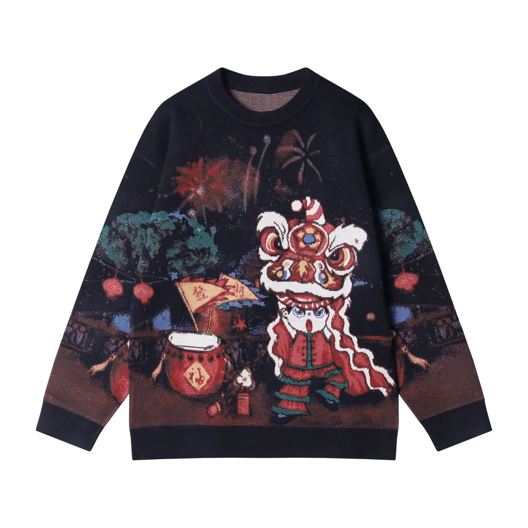 秋冬季新款时尚个性卡通印花圆领毛衣国风宽松慵懒风情侣针织衫