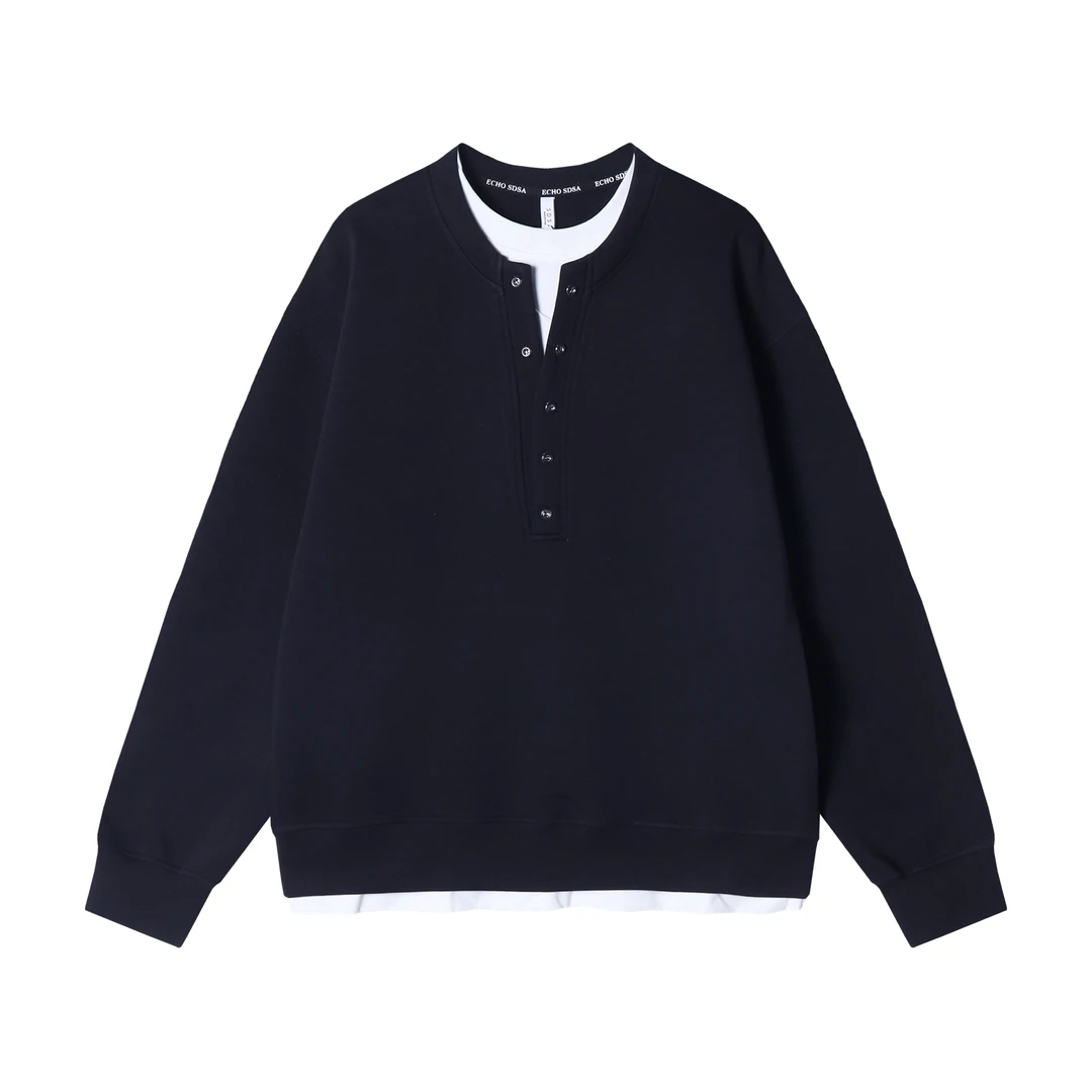 秋冬季新款时尚个性黑白撞色纽扣假两件套头卫衣百搭休闲简约上衣