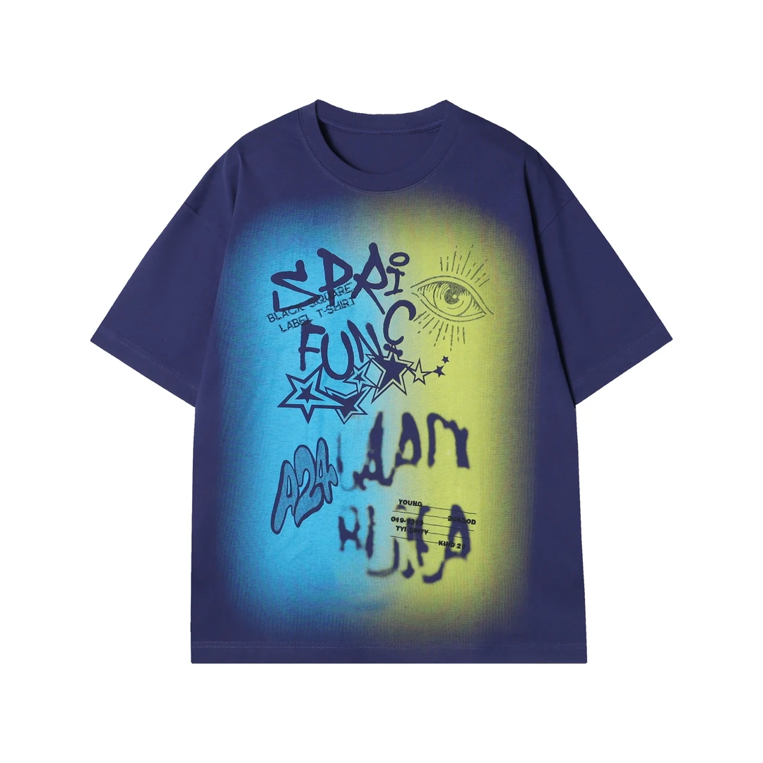 T1042新款渐变字母印花男士短袖百搭潮流T恤圆领宽松休闲短袖