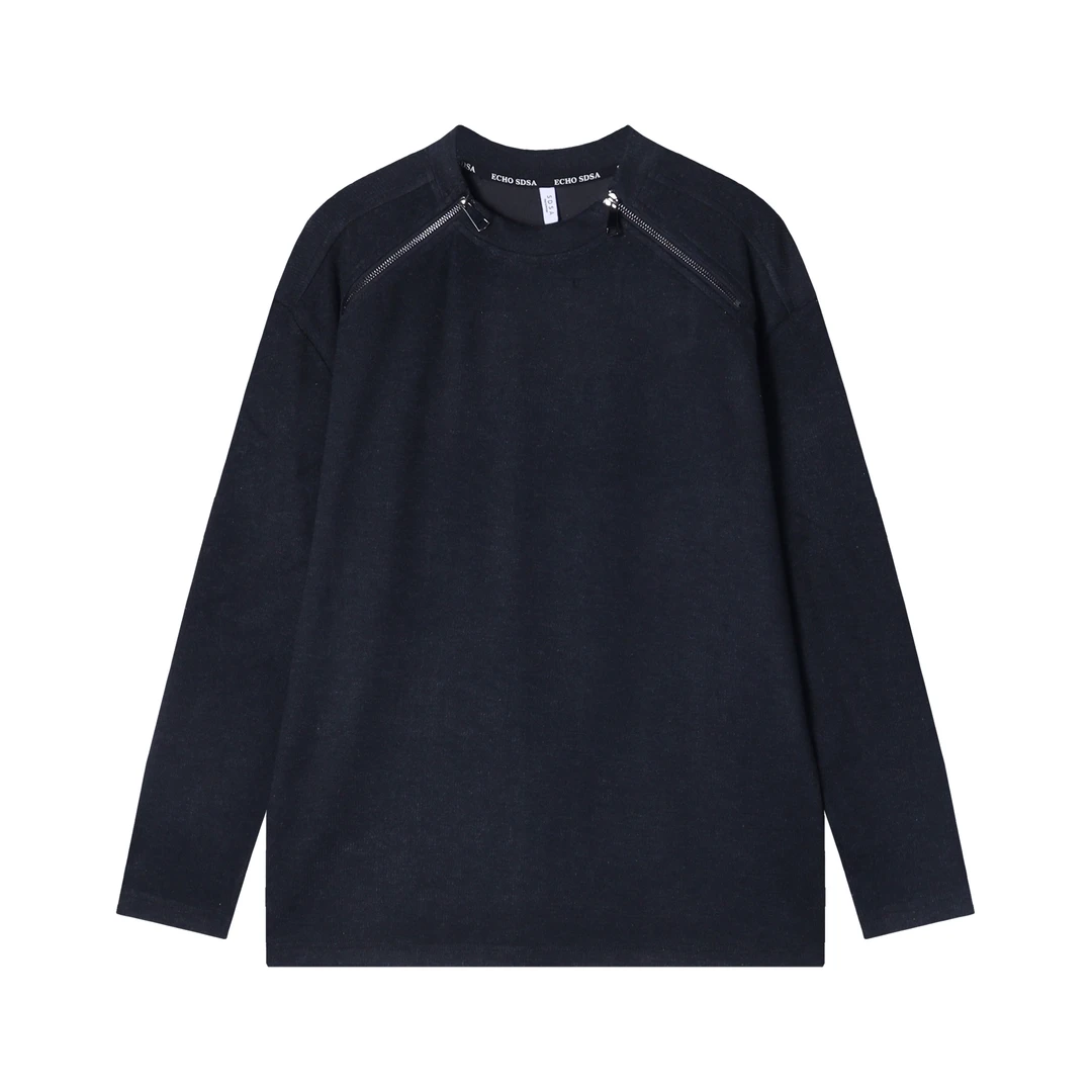 秋季新款领口双拉链设计休闲百搭户外简约宽松长袖T恤