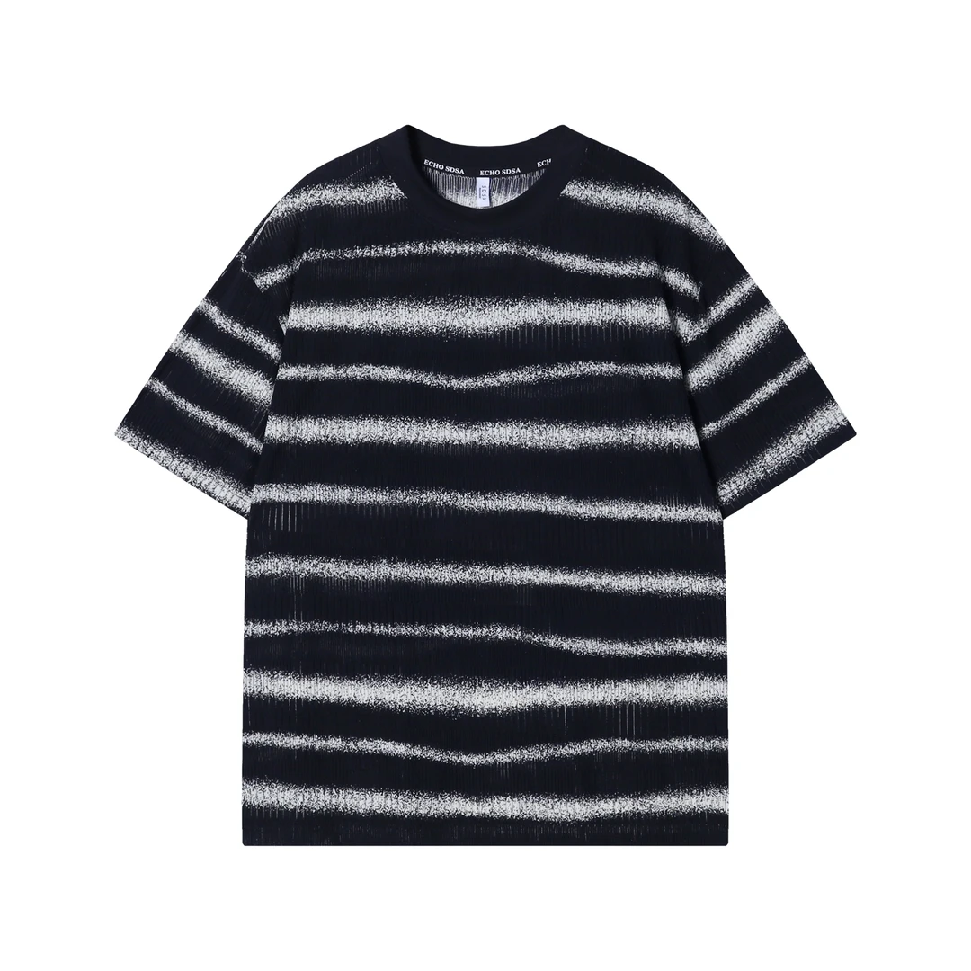 T1512夏季新款时尚黑白撞色男士T恤潮流条纹设计上衣宽松复古短袖