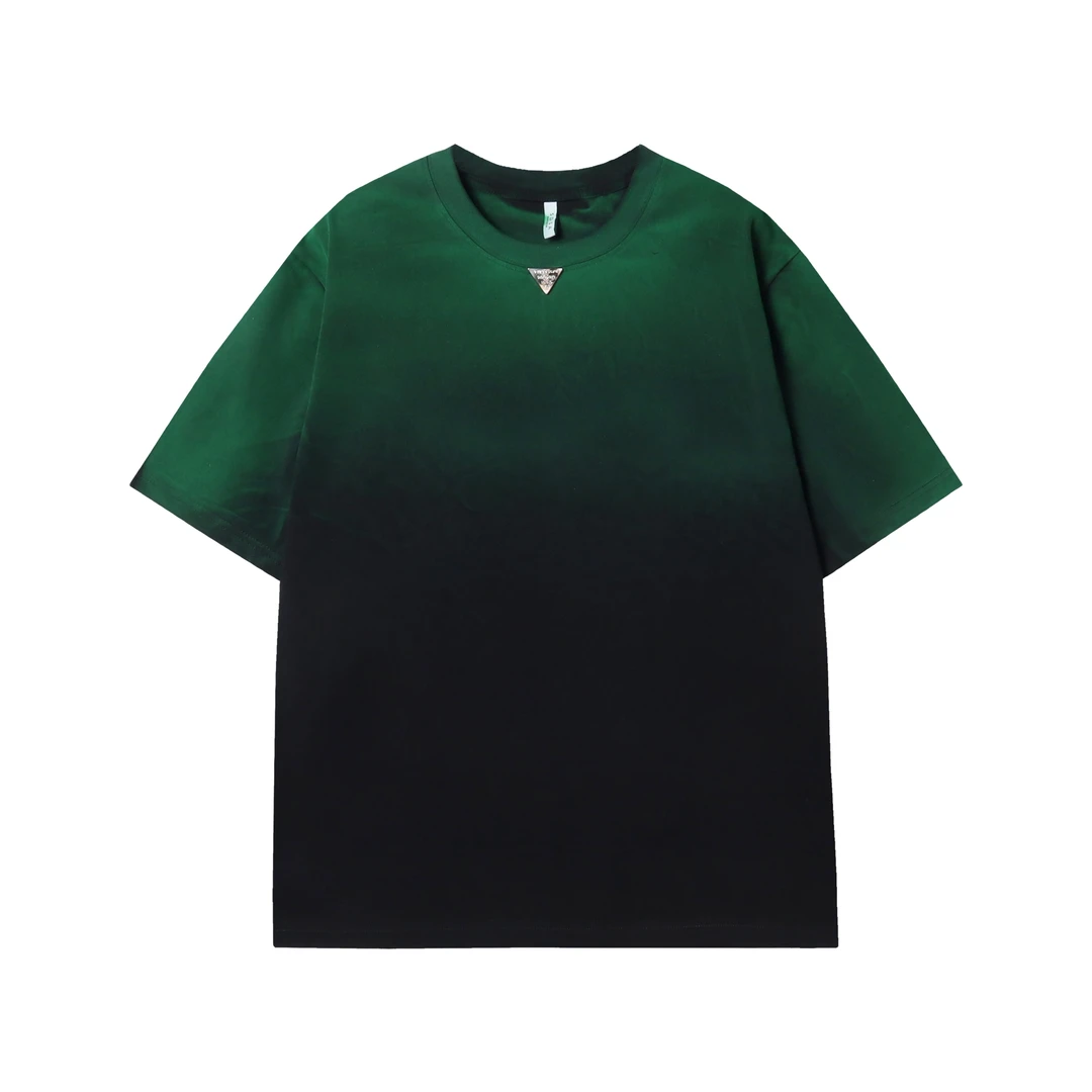 T817新款渐变撞色金属三角标男女短袖时尚百搭休闲T恤复古上衣