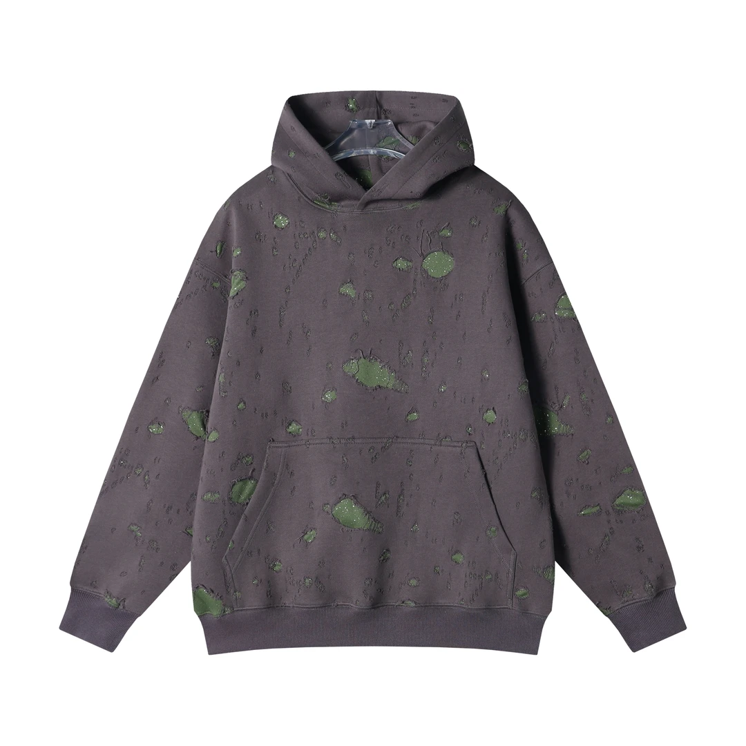 秋冬季新款时尚个性磨破撞色连帽套头卫衣百搭宽松潮流上衣WY573