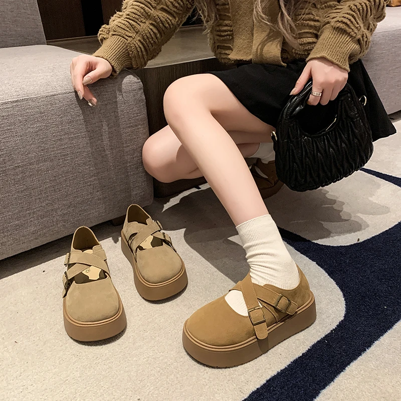 复古厚底勃肯鞋女2024秋季新款交叉百搭豆豆乐福鞋大头玛丽珍单鞋