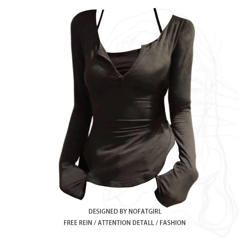 韩漫天菜!!!【纯欲假2件套】辣妹长袖T恤女INS纯欲风显瘦修身上衣