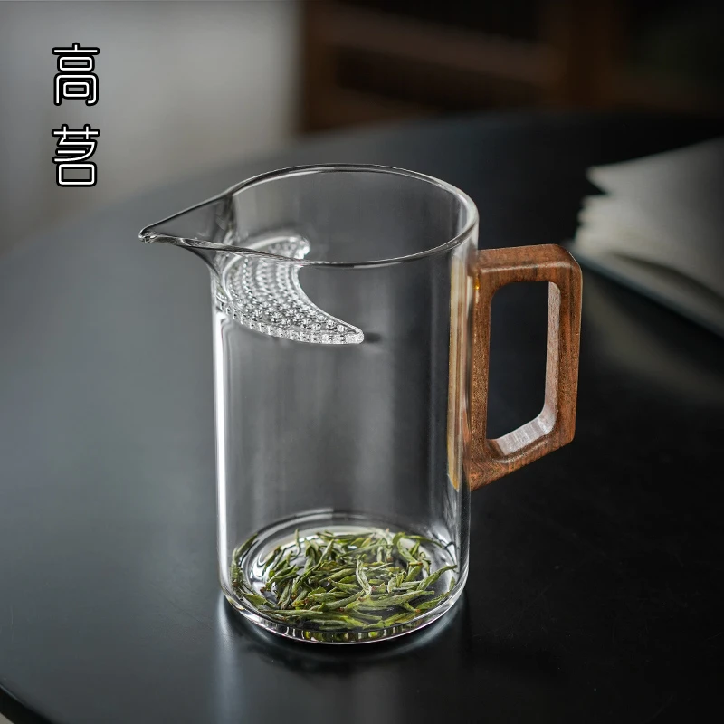 高档木把玻璃月牙公道杯茶漏一体泡绿茶分茶器茶具泡茶公杯带茶滤