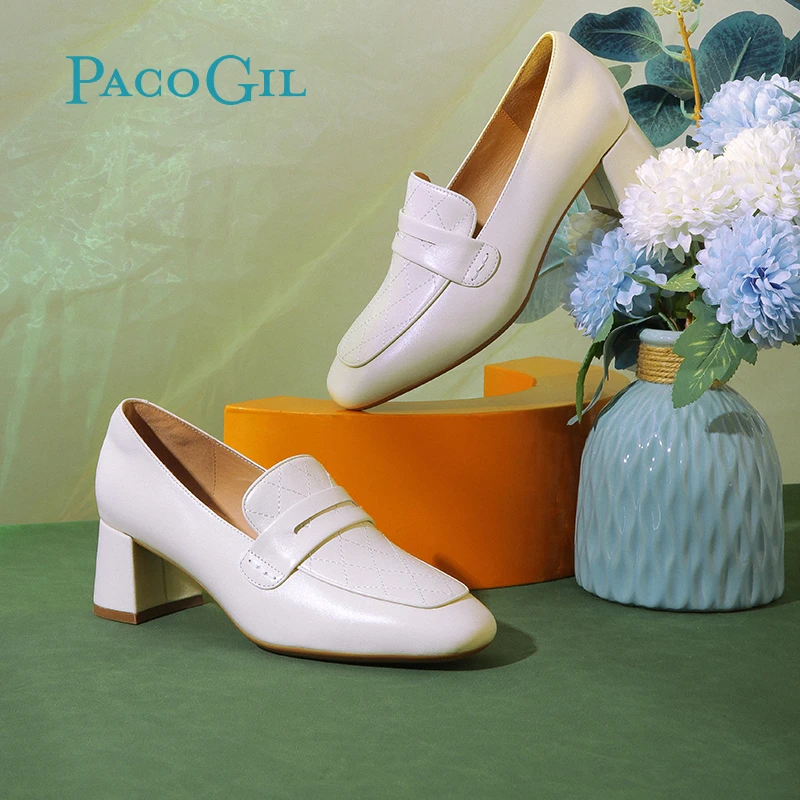 PACO GIL女鞋粗跟中跟职业单鞋新款舒适羊皮方头乐福鞋XPC32113