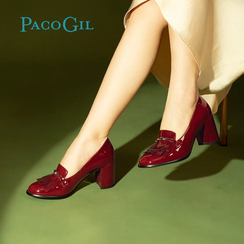 PACO GIL复古马衔扣单鞋漆皮流苏英伦风粗跟舒适皮鞋女PF20A004