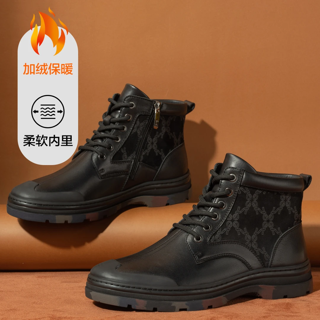Roberta诺贝达男士冬季保暖高帮马丁靴加绒印花英伦风男靴时尚