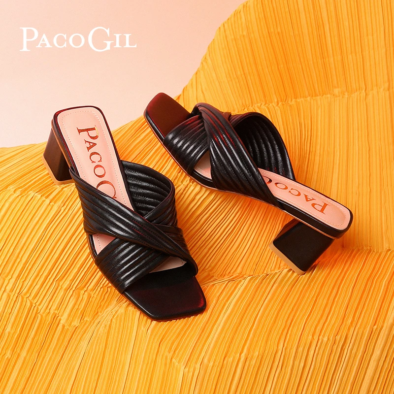 PACO GIL凉拖鞋女外穿百搭时尚真皮粗跟凉鞋女高跟鞋XP23C073
